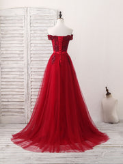 Elegant Burgundy Off-Shoulder Tulle Lace Applique Long Prom Evening Dress
