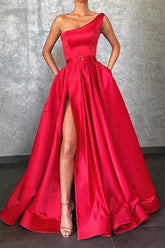 Elegant One-Shoulder Red Satin Prom Gown with Thigh-High Split and Pockets