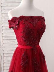 Elegant Burgundy Off-Shoulder Tulle Lace Applique Long Prom Evening Dress