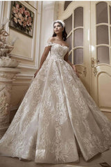 Off-the-Shoulder Floor-Length Church A-Line Wedding Dress with Lace Appliques