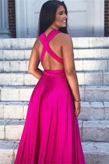 Fuchsia Sleeveless V-Neck A-Line Prom Dress with Split, Elegant Long Formal Gown