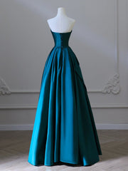 Peacock Blue Satin A-Line Long Prom Dress, Elegant Evening Gown