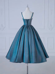 Elegant A-Line Sweetheart Satin Tea-Length Blue Prom Dress for Formal Occasions