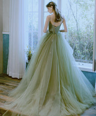 Green Elegant Tulle Lace Long Prom Formal Evening Gown Dress
