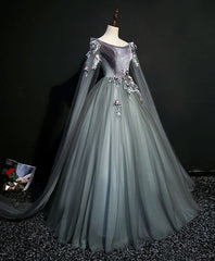 Gray Green Tulle Lace Long Prom Dress Formal Evening Gown