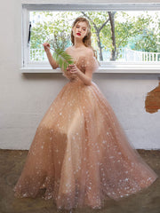 Elegant Off-Shoulder Tulle Lace Prom Dress with Built-In Bra, Champagne Silhouette