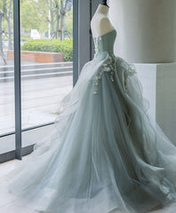 Stunning Gray Green Tulle Lace Long Prom Gown Evening Dress