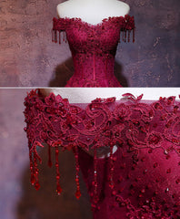 Burgundy Tulle Lace Off Shoulder Long Prom Dress Evening Gown