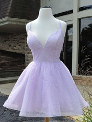 Elegant Simple Purple V‑Neck Tulle Short Prom Dress for Homecoming
