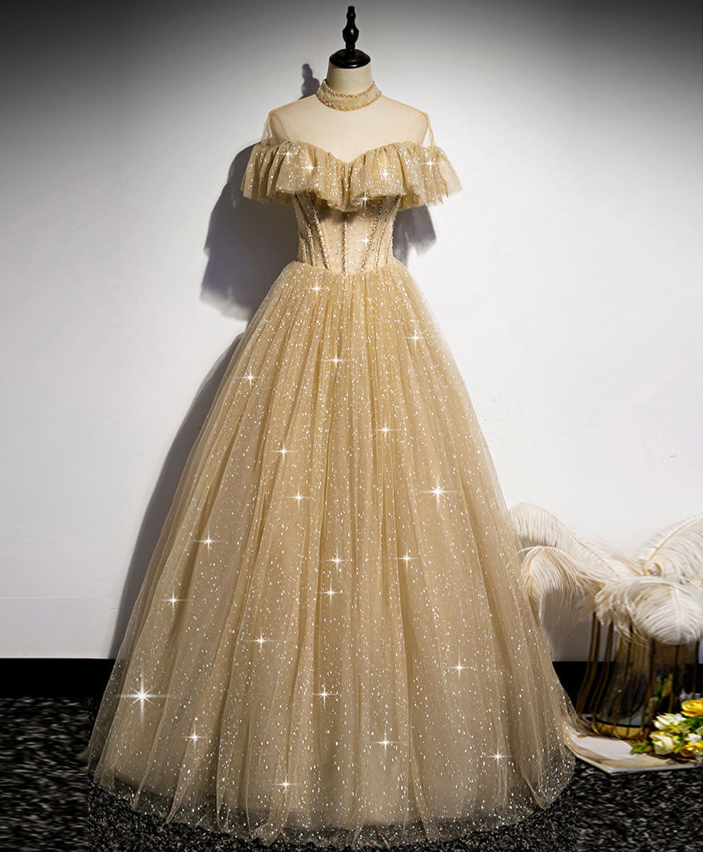 Champagne Long Prom Tulle Sequin Bridesmaid Evening Dress