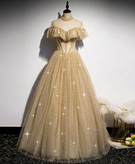 Champagne Long Prom Tulle Sequin Bridesmaid Evening Dress