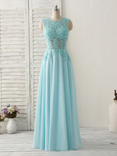 Elegant Blue Round Neck Lace Chiffon Long Prom Dress for Bridesmaids