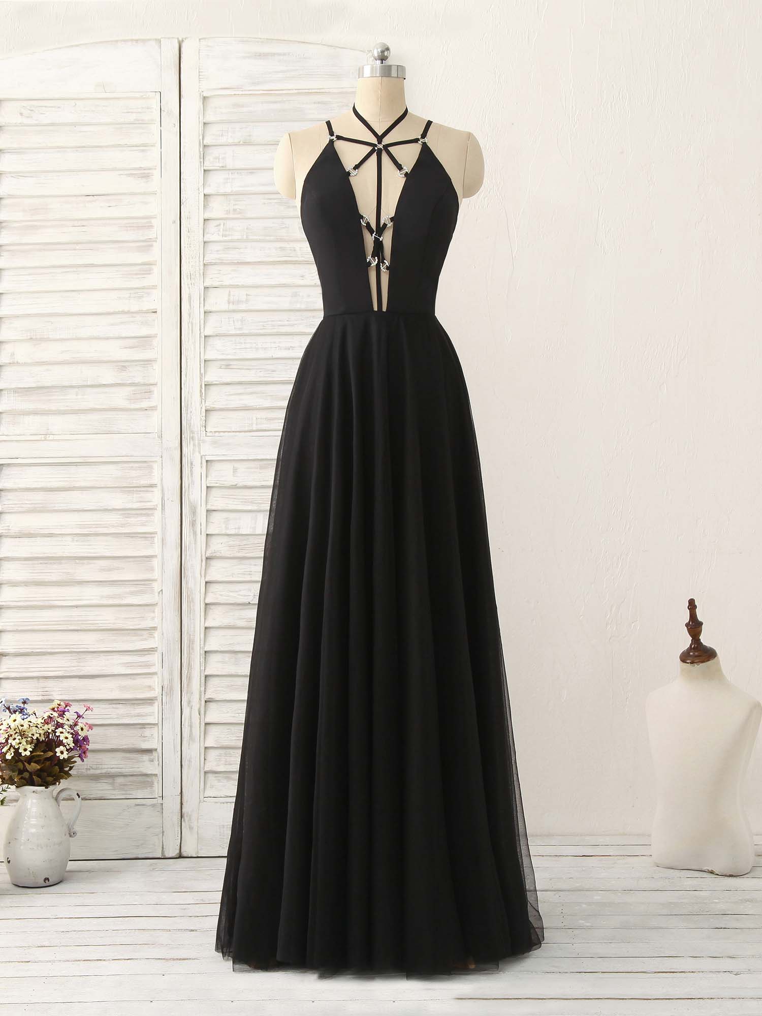 Elegant Black Tulle Backless Long Prom Dress for Women, Perfect Evening Gown