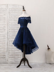 Elegant Dark Blue Tulle Lace Short Prom Dress for Homecoming and Special Occasions