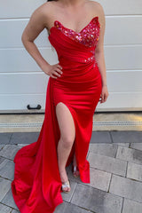 Red Sweetheart Sequin Mermaid Prom Dress with Split and Ruffles