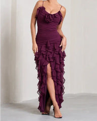 Burgundy Spaghetti Straps Chiffon Prom Evening Party Dress For Women