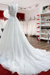 Eye-Catching White Ruffles Tulle Lace Long A-Line Wedding Dress for Bride