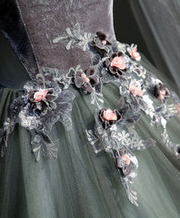 Gray Green Tulle Lace Long Prom Dress Formal Evening Gown