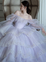 Light Purple Tulle Sequin Long Prom Dress Evening Gown For Women