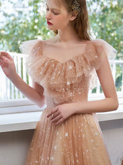 Elegant Off-Shoulder Tulle Lace Prom Dress with Built-In Bra, Champagne Silhouette