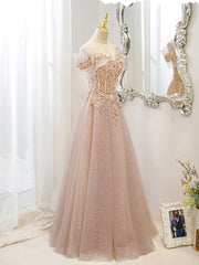 Champagne Tulle Lace A Line Long Prom Evening Dress
