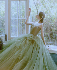 Green Elegant Tulle Lace Long Prom Formal Evening Gown Dress