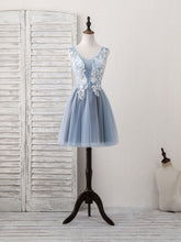 Charming Blue V-Neck Tulle Lace Applique Short Prom Homecoming Dress