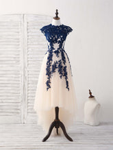 Elegant Dark Blue Lace Tulle High-Low Prom Bridesmaid Dress for Women