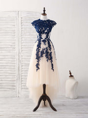 Elegant Dark Blue Lace Tulle High-Low Prom Bridesmaid Dress for Women