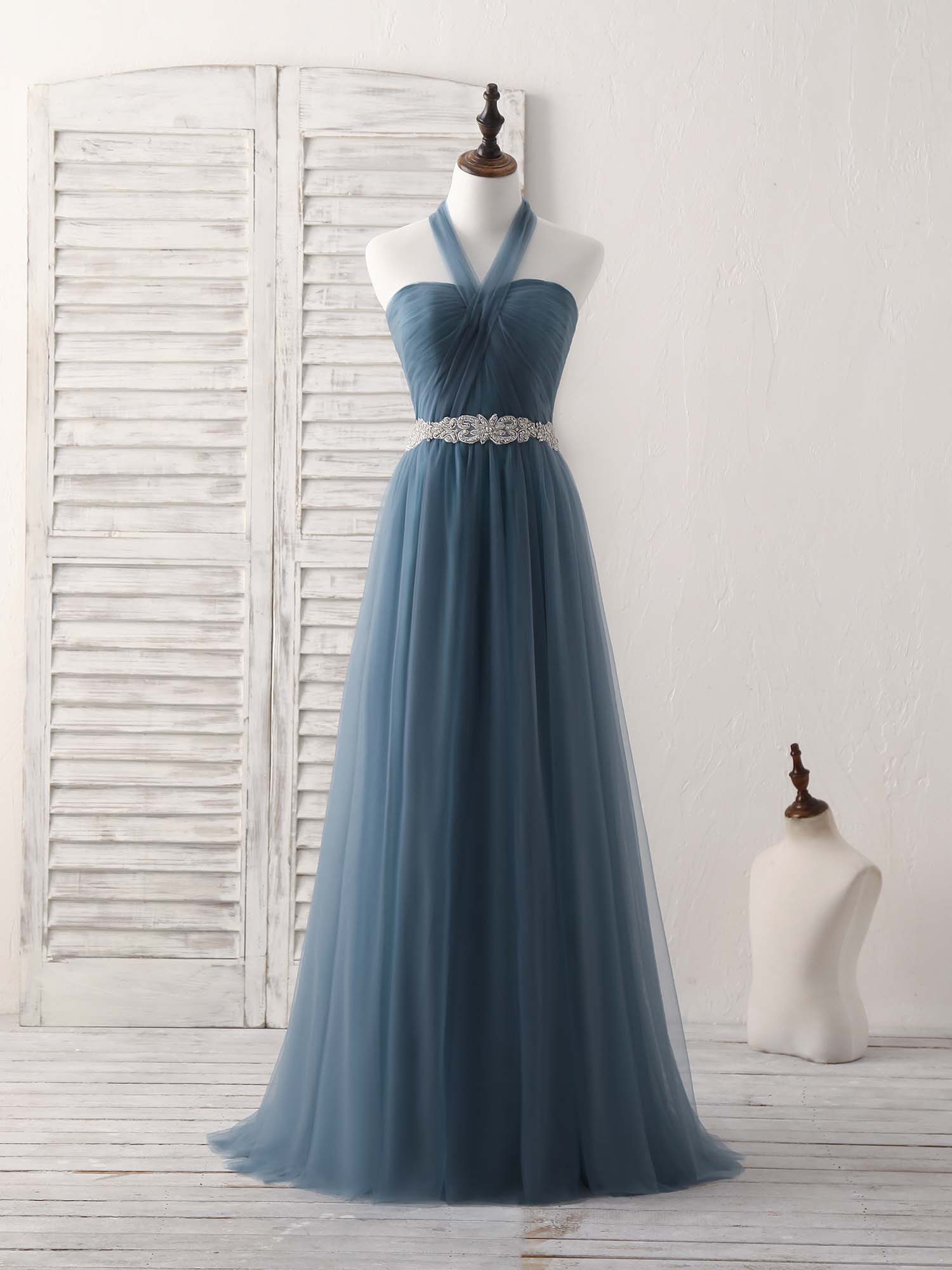 Elegant A-Line Gray-Blue Tulle Long Bridesmaid Dress for Weddings and Prom