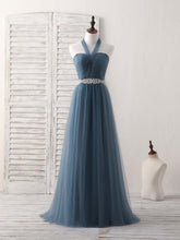 Elegant A-Line Gray-Blue Tulle Long Bridesmaid Dress for Weddings and Prom