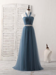 Elegant A-Line Gray-Blue Tulle Long Bridesmaid Dress for Weddings and Prom
