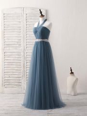 Elegant A-Line Gray-Blue Tulle Long Bridesmaid Dress for Weddings and Prom