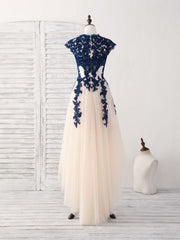 Elegant Dark Blue Lace Tulle High-Low Prom Bridesmaid Dress for Women