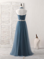 Elegant A-Line Gray-Blue Tulle Long Bridesmaid Dress for Weddings and Prom