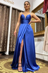 Royal Blue A-Line Spaghetti Straps Long Prom Dress with Split