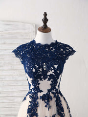 Elegant Dark Blue Lace Tulle High-Low Prom Bridesmaid Dress for Women
