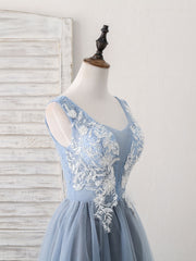Charming Blue V-Neck Tulle Lace Applique Short Prom Homecoming Dress