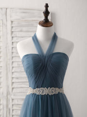 Elegant A-Line Gray-Blue Tulle Long Bridesmaid Dress for Weddings and Prom