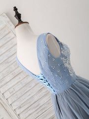 Charming Blue V-Neck Tulle Lace Applique Short Prom Homecoming Dress
