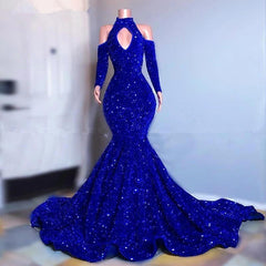 Royal Blue Long Sleeves Mermaid Prom Dress with High Collar and Dazzling Sequins