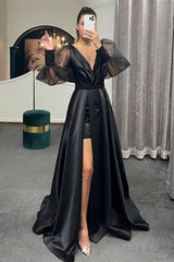 Elegant Long Puff Sleeve A-Line Evening Dress with Thigh Slit
