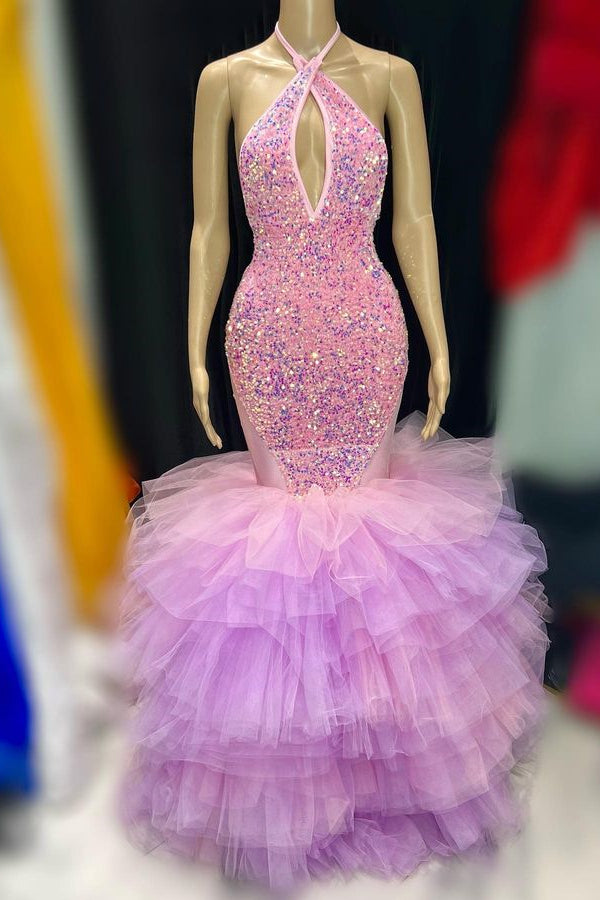 Sparkling Sequin Halter Mermaid Prom Dress with Tulle Skirt Entrance