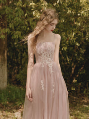 Elegant Pink Tulle Lace Tea‑Length Prom Dress with Delicate Sequin Details