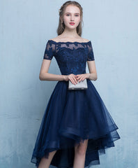 Dark Blue Lace Tulle Short High Low Prom Evening Dress