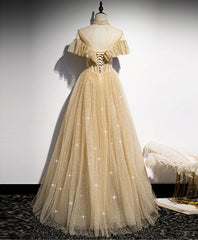 Champagne Long Prom Tulle Sequin Bridesmaid Evening Dress