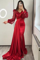 Elegant V-Neck Long Sleeve Sequin Mermaid Evening Gown with Ruffle Split
