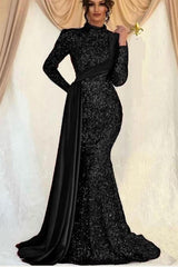 Dazzling Sequin Long Sleeve High Collar Mermaid Prom Evening Dress Ruffle