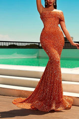 Sparkling Orange One-Shoulder Mermaid Prom Dress: Elegant Sequin-Embellished Long Gown