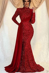 Dazzling Sequin Long Sleeve High Collar Mermaid Prom Evening Dress Ruffle